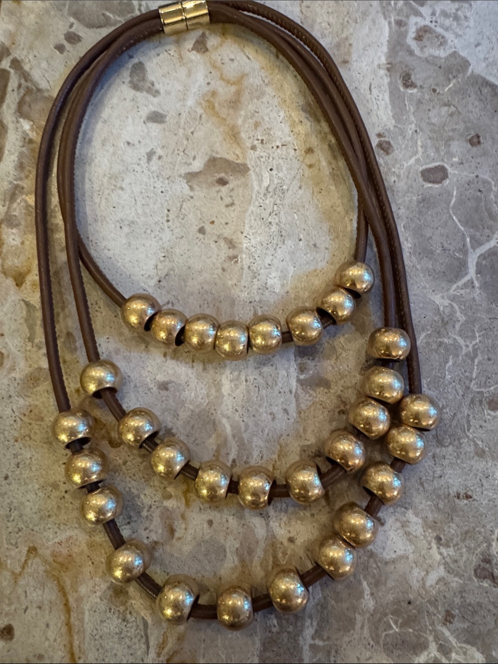 Gold Bead Multi-Strand Faux Leather Necklace Magnetic Clasp- Women Jewelry